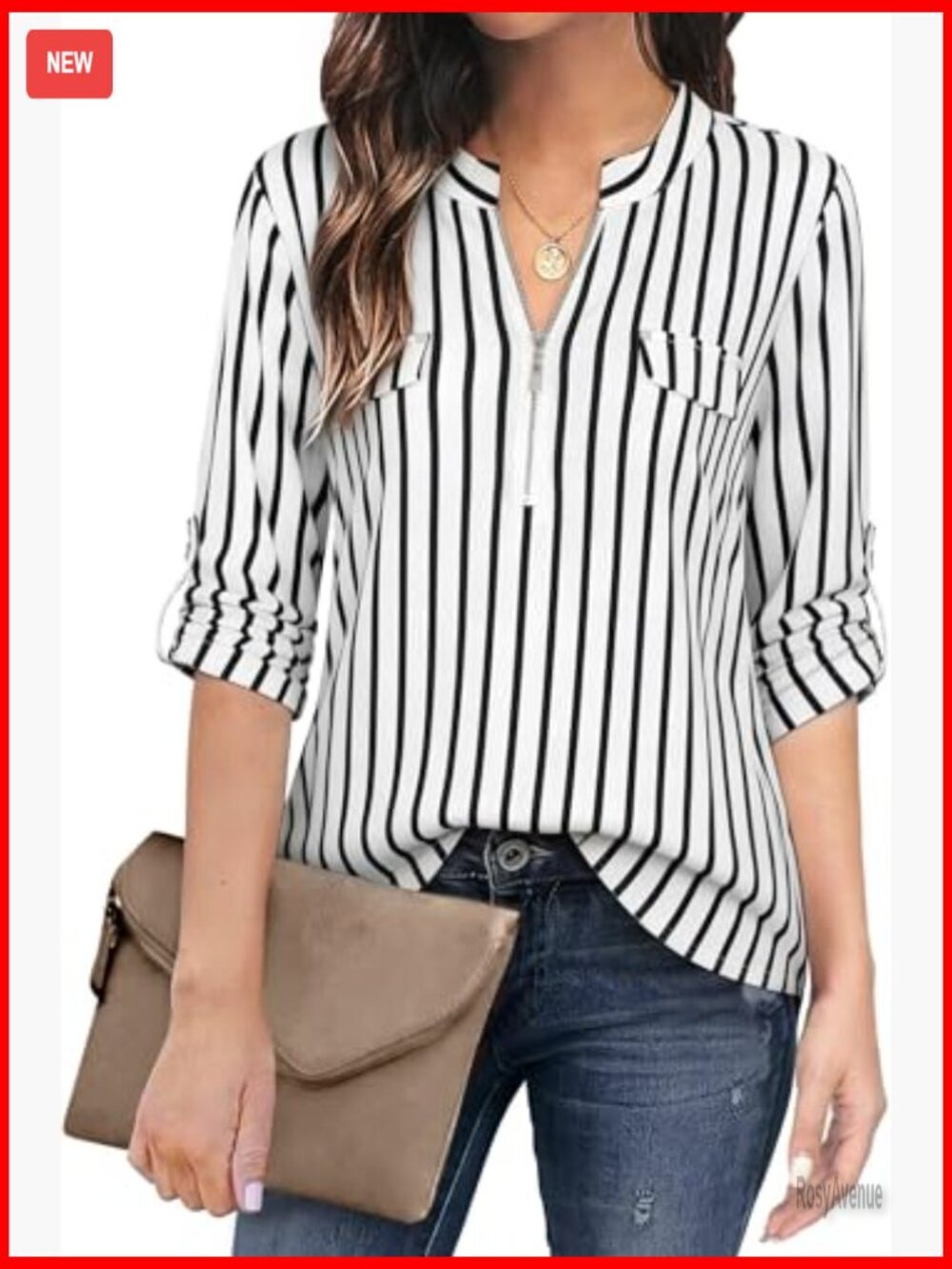 3/4 Sleeve Zip Plaid Tunic Blouse Womens Casual Tops - Picture 2 of 7
